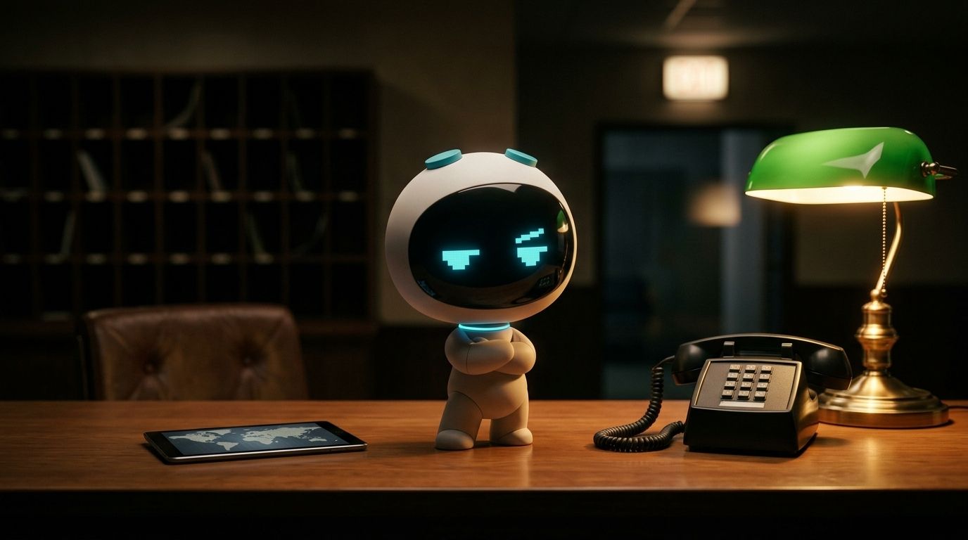Ion, bot redactor de Núcleo, de noche sobre un escritorio de recepción junto a un teléfono