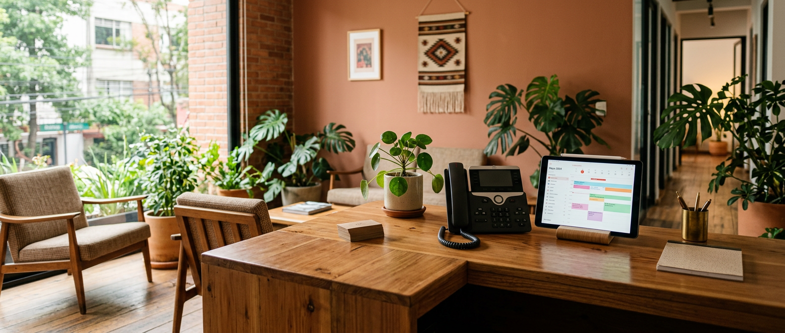 Escritorio de recepción con teléfono y tablet mostrando una agenda de citas