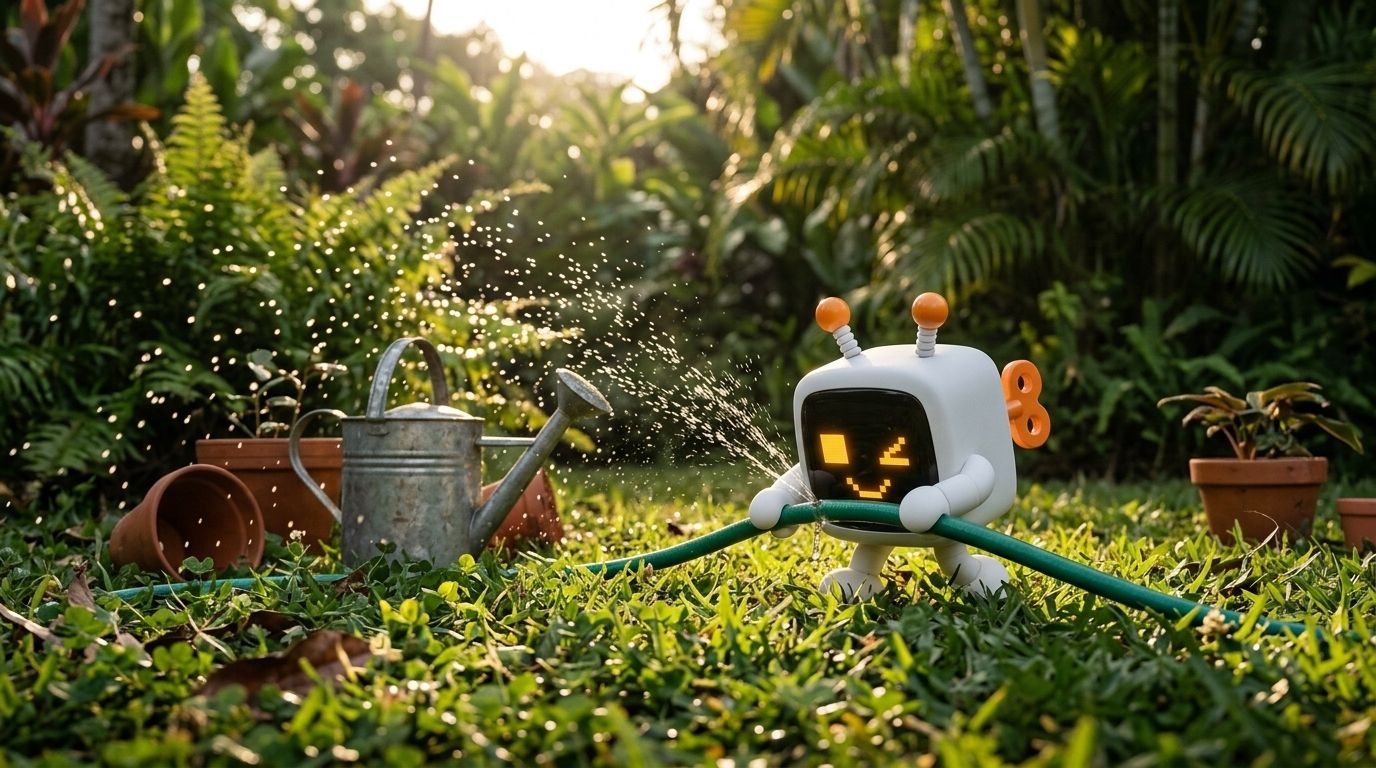 Bit tapa la fuga de una manguera en un jardín al atardecer