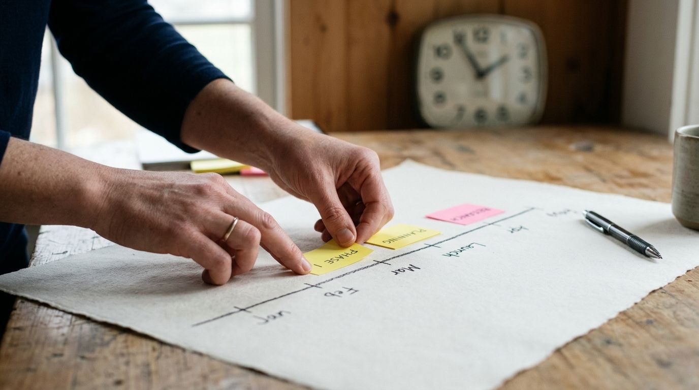 Manos marcando en papel una línea de tiempo con las etapas del recorrido de un cliente potencial