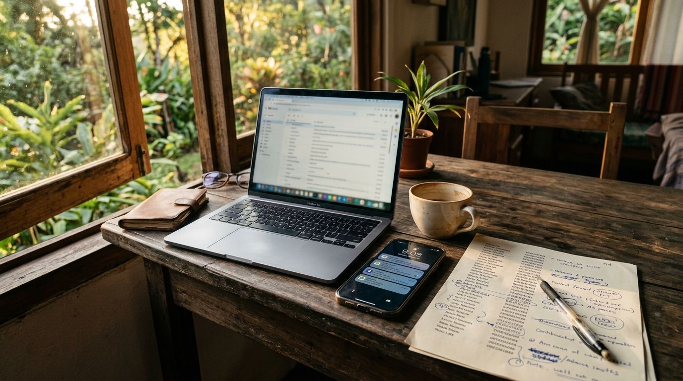 Escritorio de una pyme con el celular lleno de notificaciones sin atender y una lista impresa de contactos