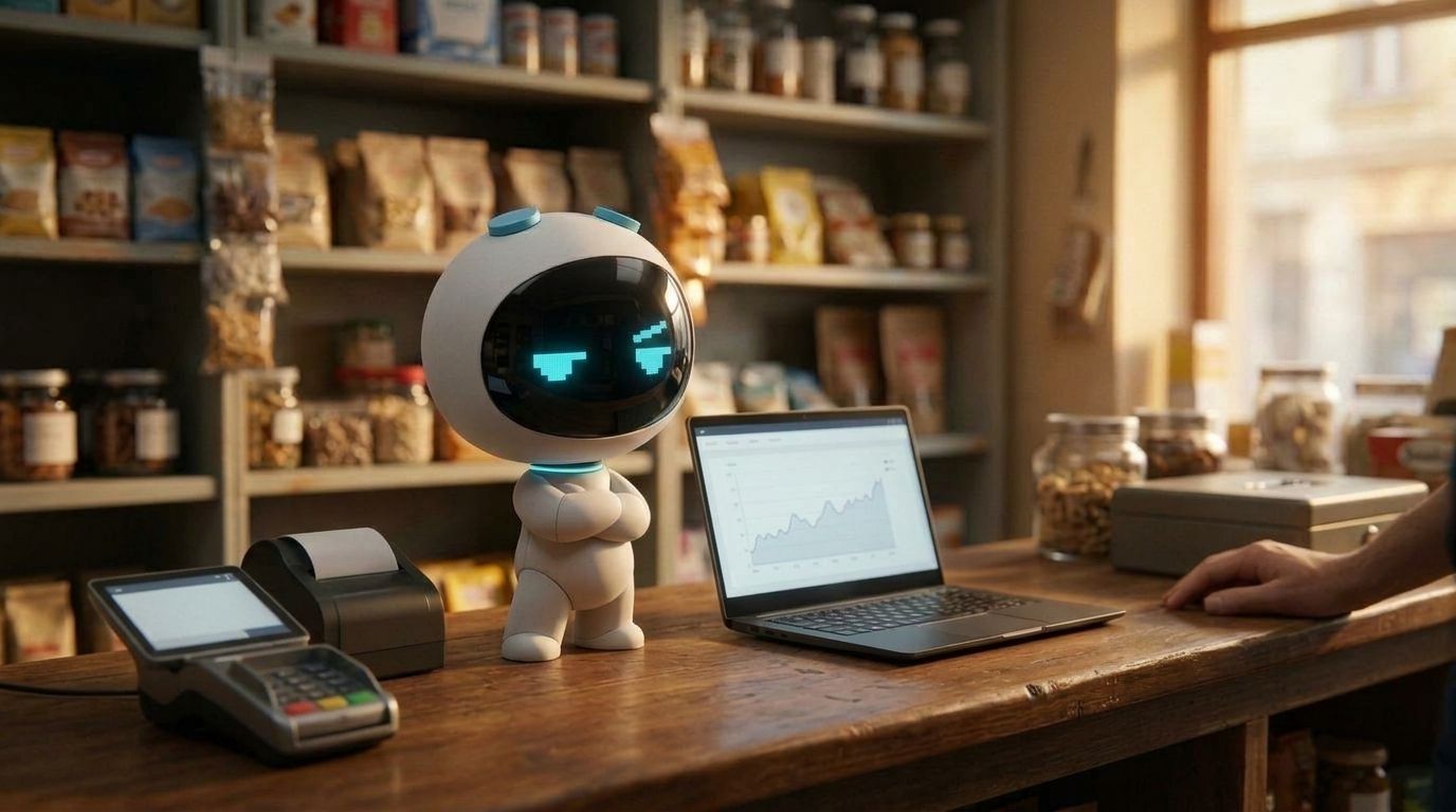 Ion, bot redactor de Núcleo, de brazos cruzados sobre el mostrador de un negocio junto a una laptop