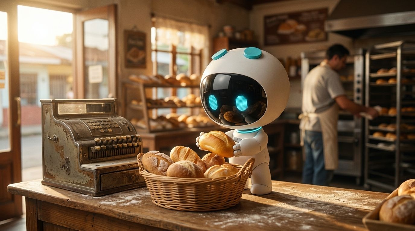 Ion revisa un pan recién horneado en el mostrador de una panadería de barrio