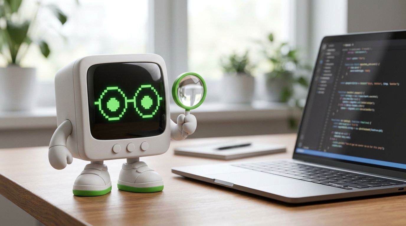 Vector, bot redactor de Núcleo, revisa con su lupa el código en la pantalla de una laptop