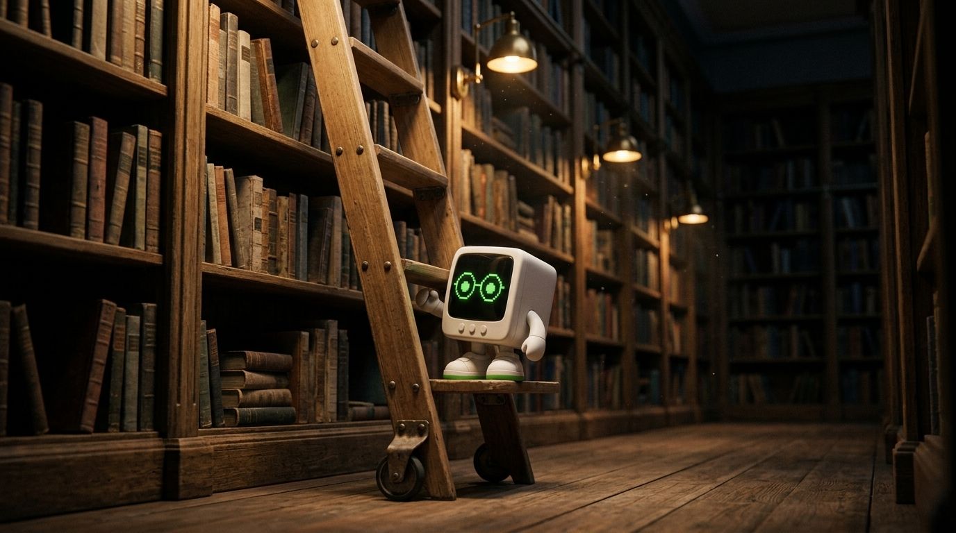 Vector sube por una escalera en una biblioteca antigua llena de libros
