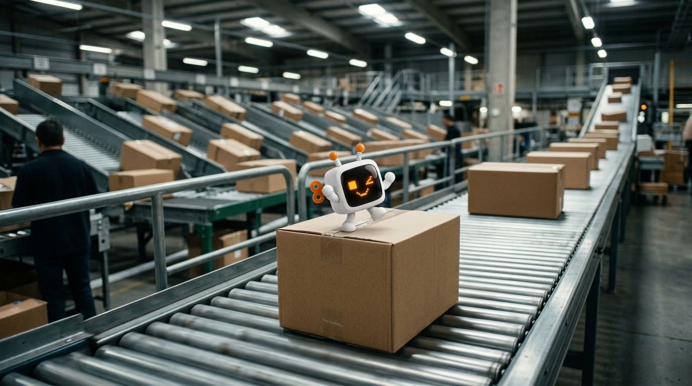 Bit viaja sobre una caja en la banda transportadora de una bodega de paquetes