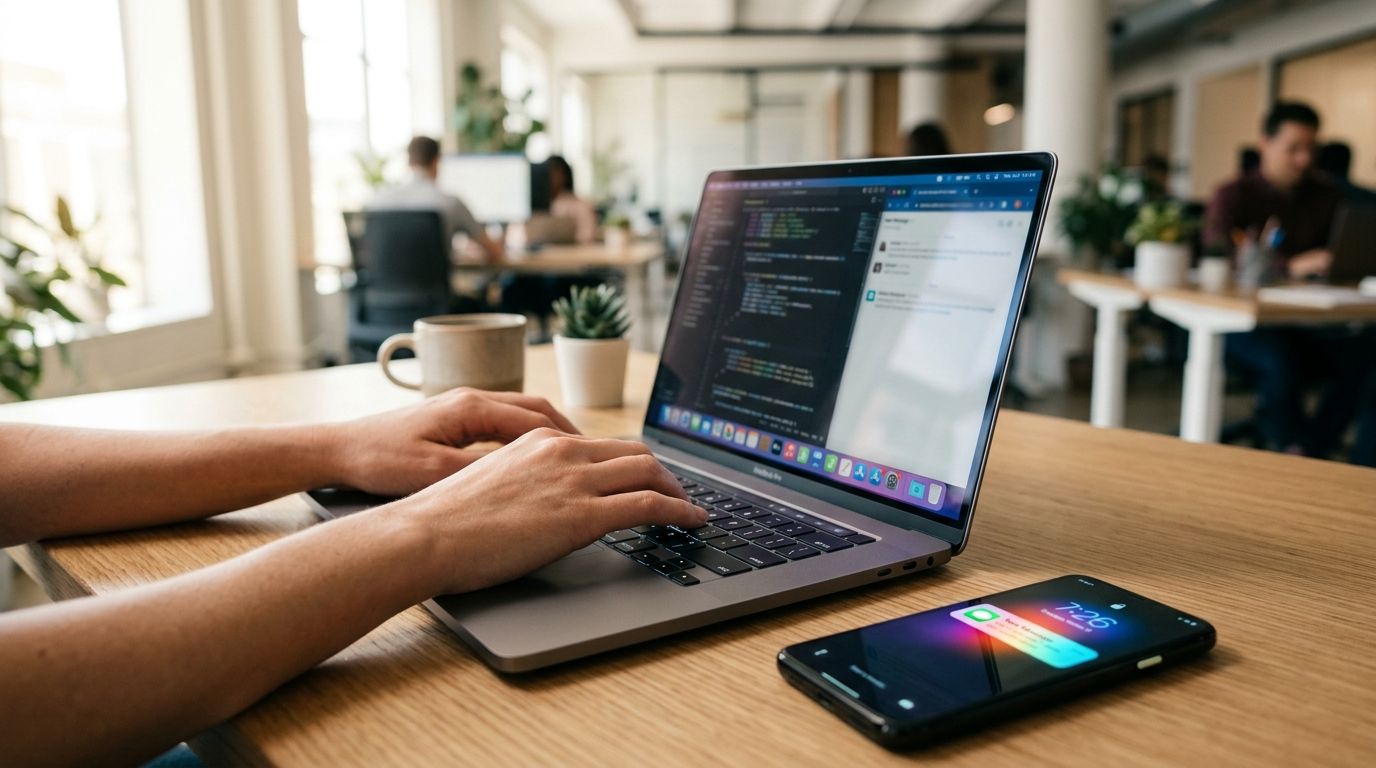 Manos trabajando en laptop con notificación de chat en el celular junto al teclado