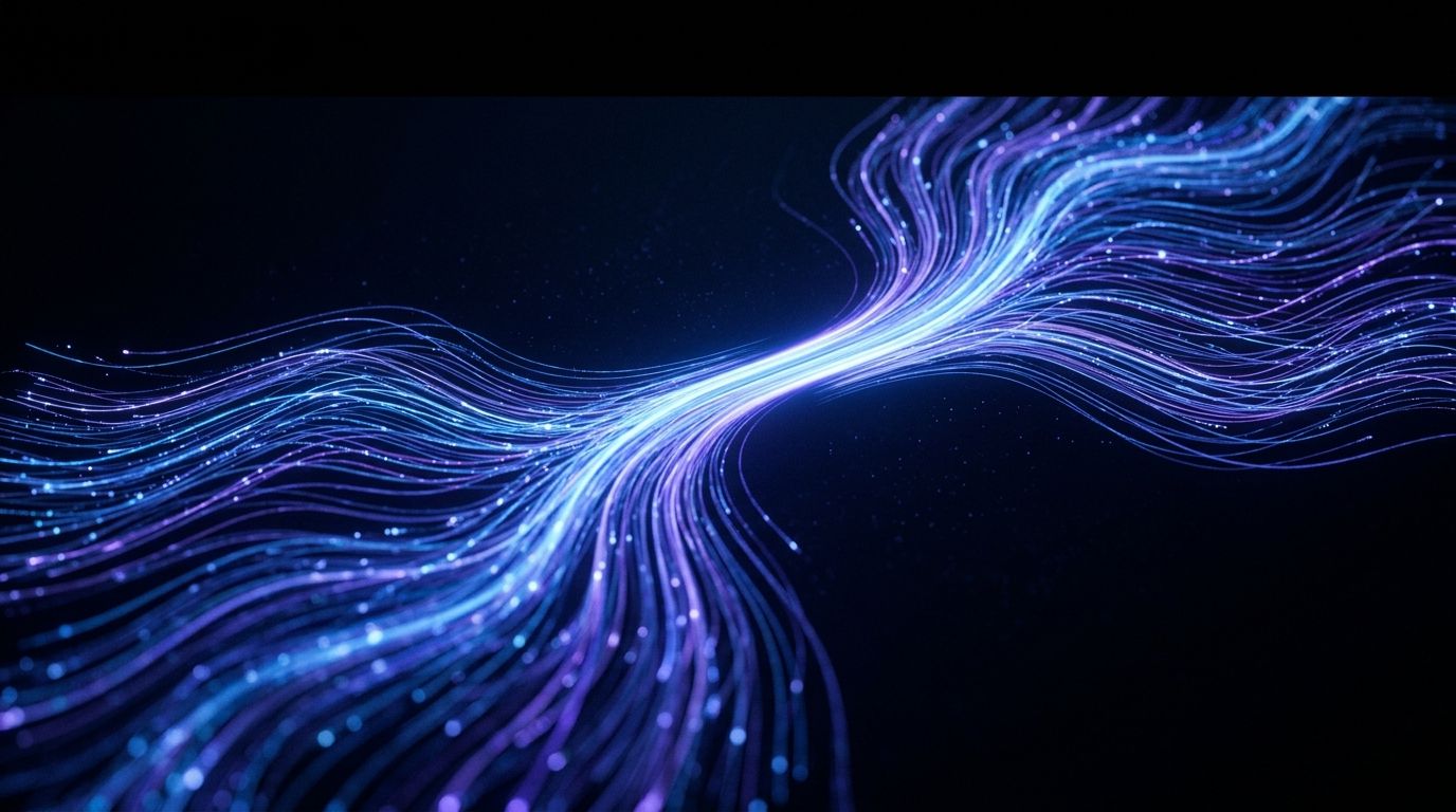 Líneas de luz azul y violeta representando flujos de datos conectándose