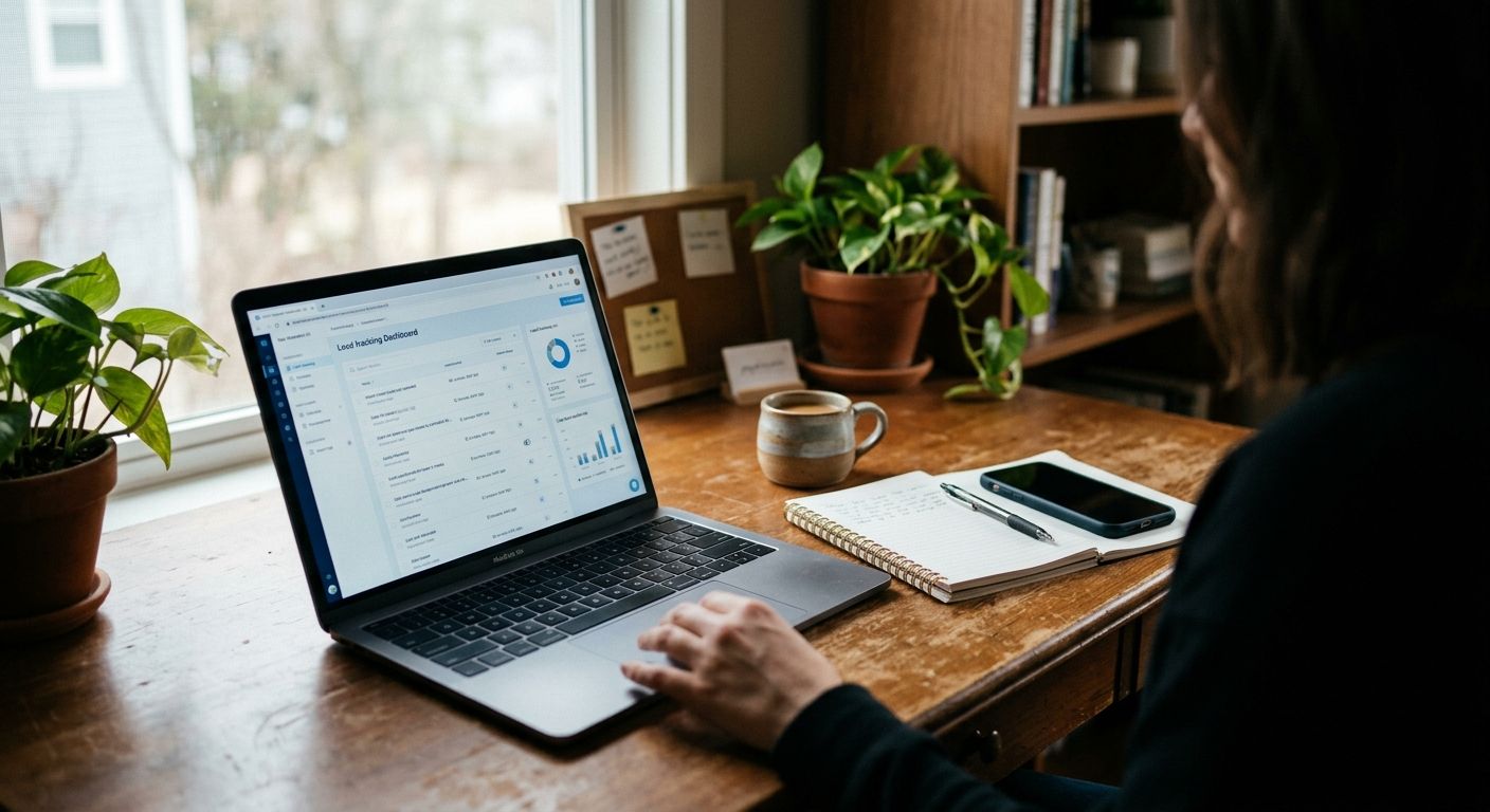 Espacio de trabajo con laptop mostrando un panel de seguimiento de leads