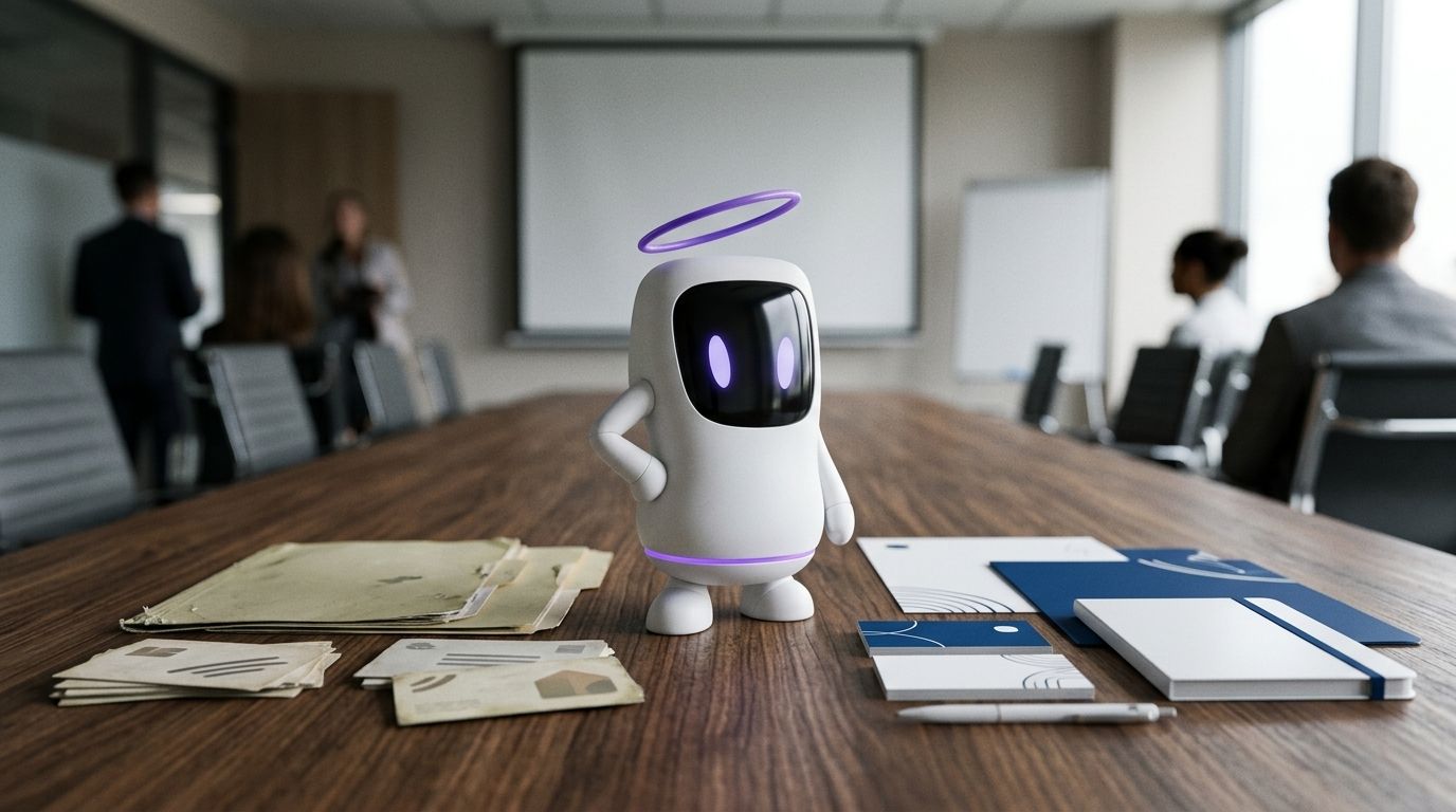 Aura, bot redactora de Núcleo, sobre una mesa de reuniones entre la papelería vieja de una marca y la renovada