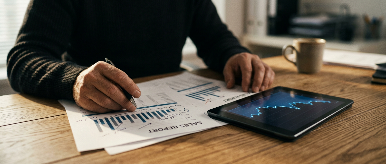 Manos revisando gráficos de ventas que muestran una caída sostenida