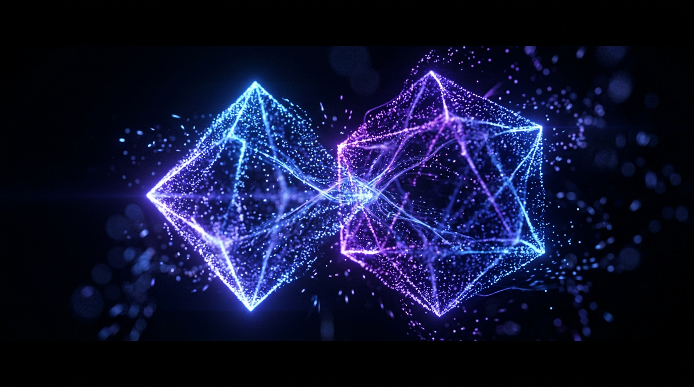 Representación abstracta de una marca en transformación con luz azul y violeta