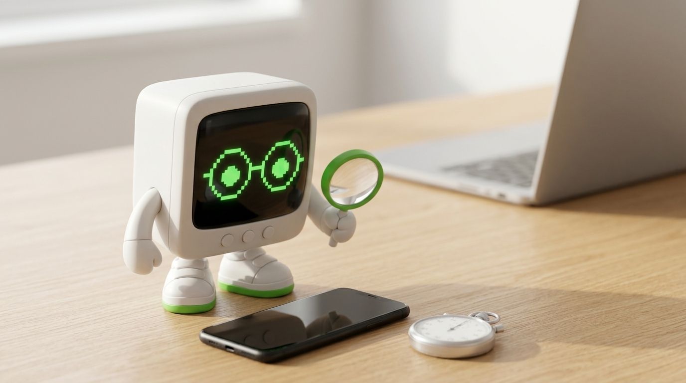 Vector, bot redactor de Núcleo, examina un celular con su lupa junto a un cronómetro