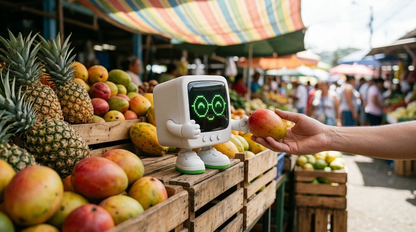 Vector le entrega un mango a un cliente en una feria del agricultor