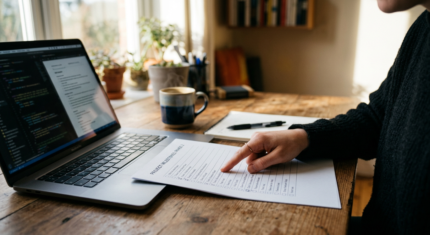 Checklist impreso de auditoría web sobre un escritorio junto a una laptop