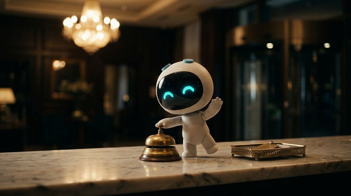 Ion toca el timbre y saluda desde la recepción de un hotel