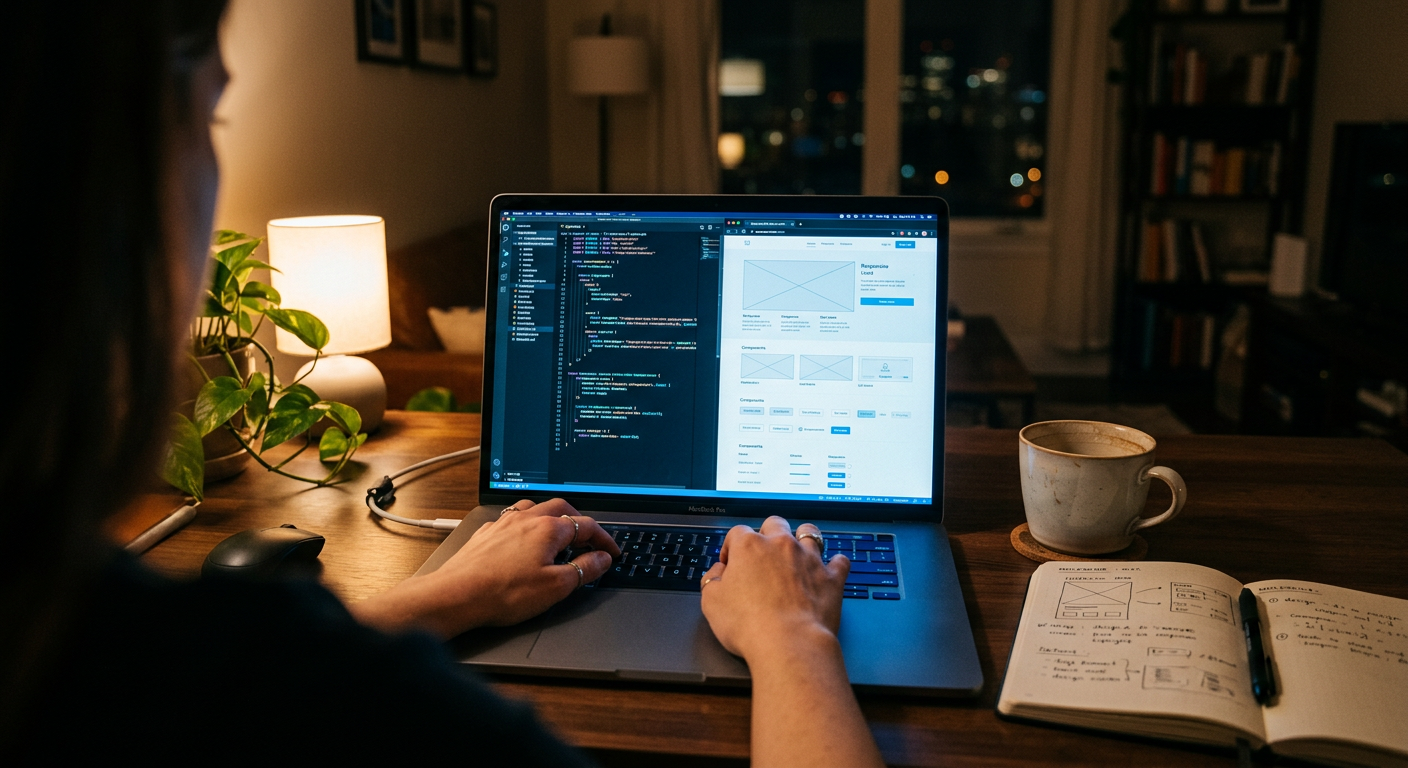 Escritorio de trabajo con laptop mostrando código de un sitio web, luz azul de pantalla