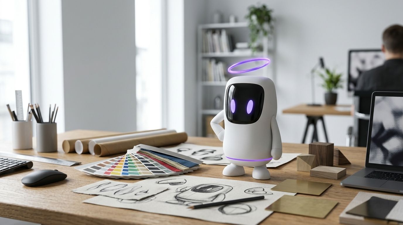 Aura, bot redactora de Núcleo, sobre un escritorio de diseño entre muestras de color y bocetos