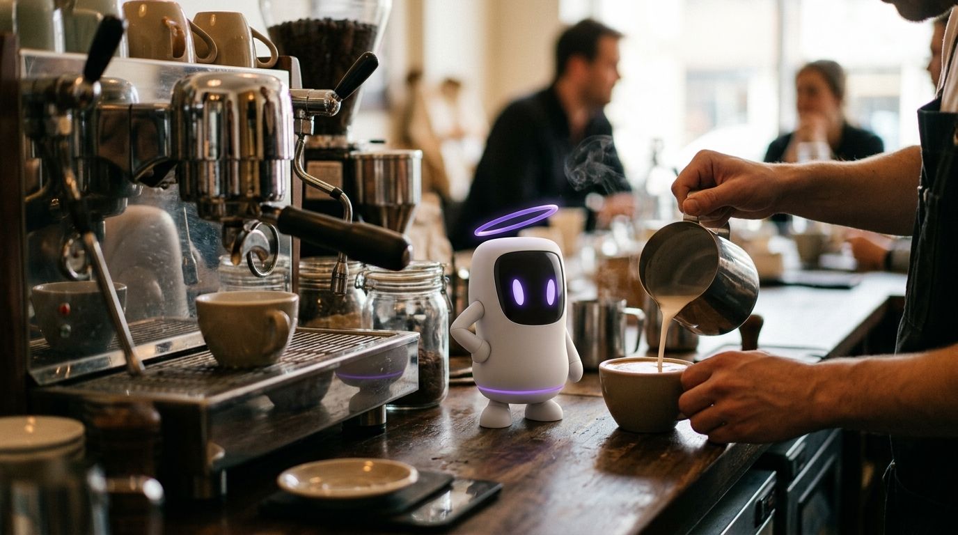 Aura junto a una taza mientras un barista sirve arte latte en una cafetería