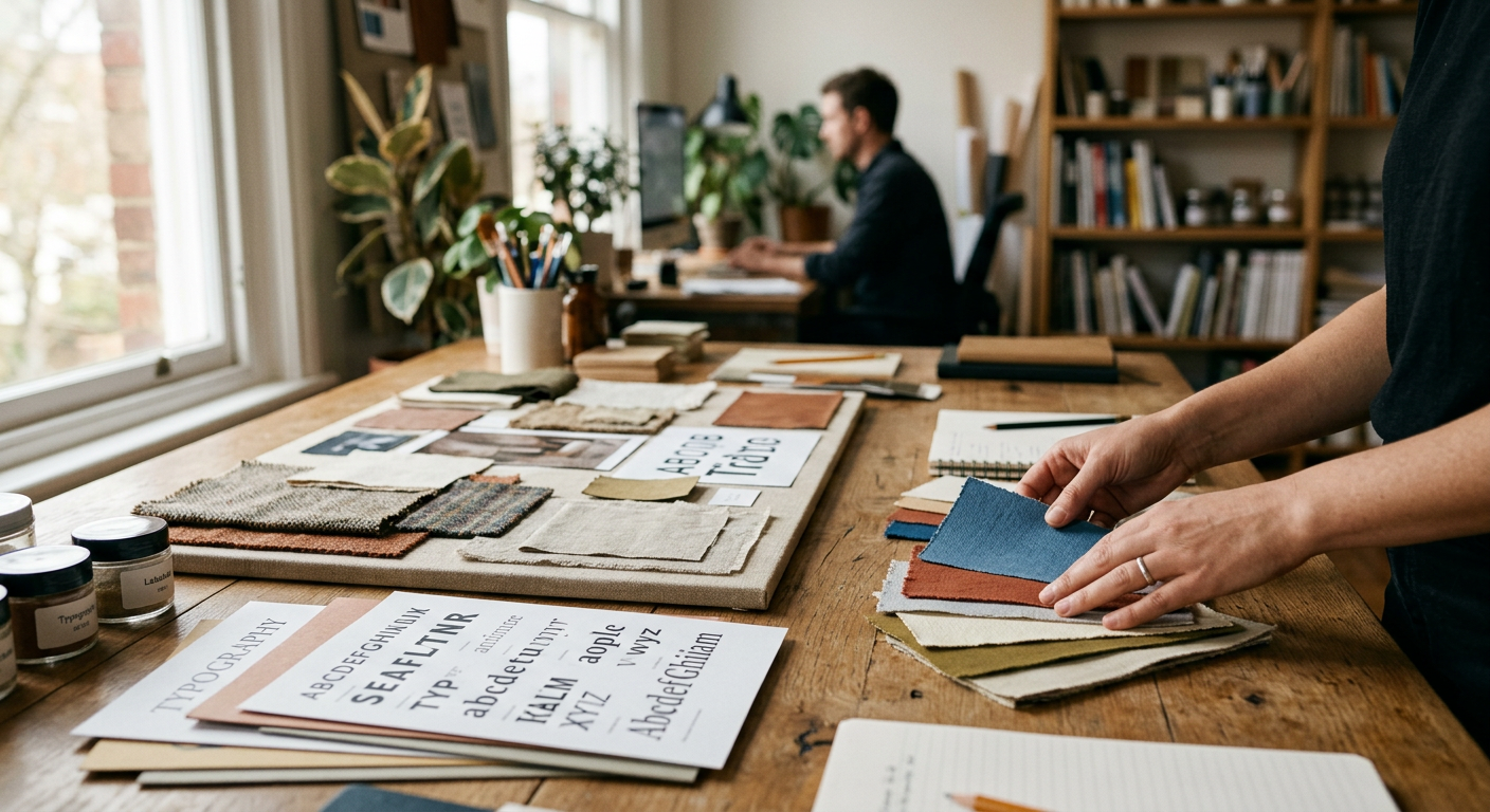 Manos organizando muestras de color y tipografía sobre una mesa de trabajo de branding