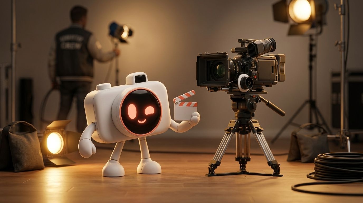 Lumen, bot redactor de Núcleo, sostiene su claqueta junto a una cámara de cine en un set