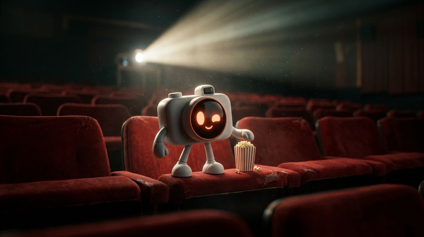 Lumen en una butaca de un cine vacío, iluminado por el proyector