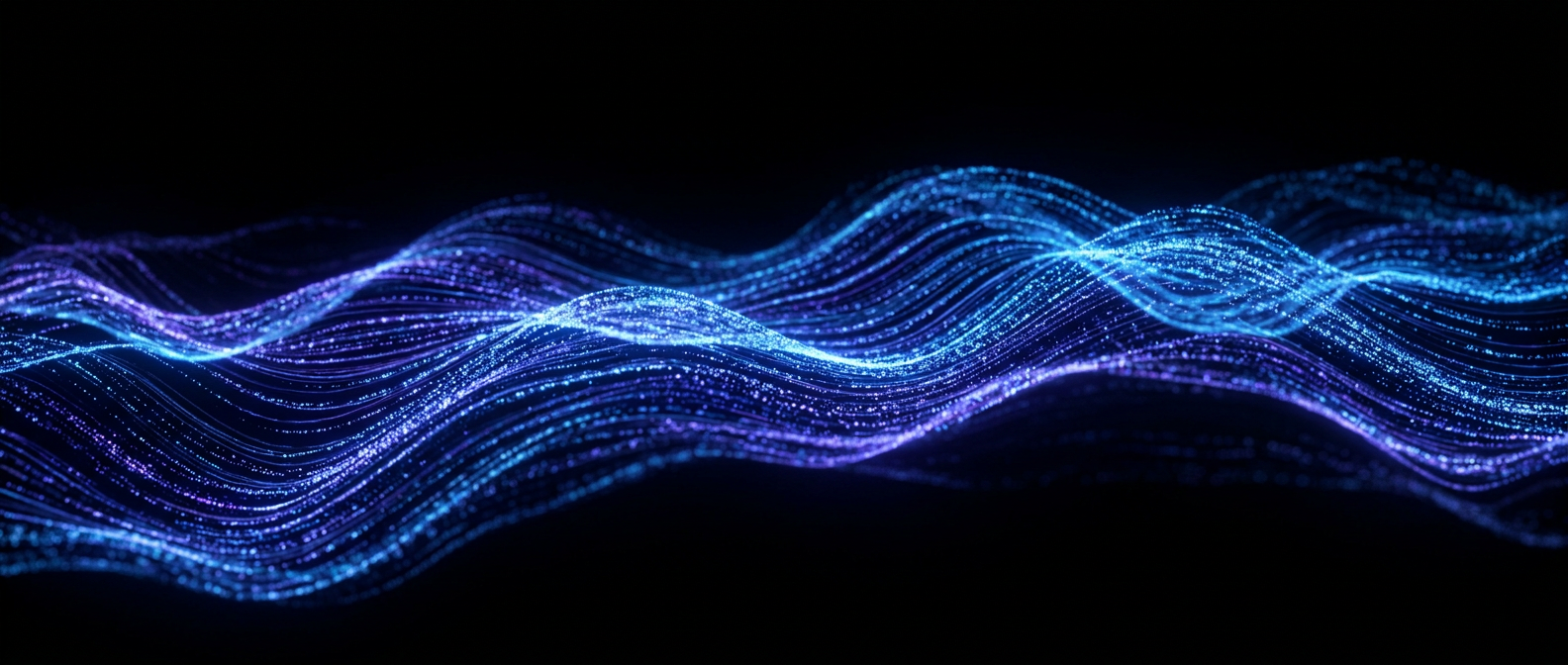 Representación abstracta de ondas de luz azul y violeta sobre fondo negro simbolizando la producción con IA generativa